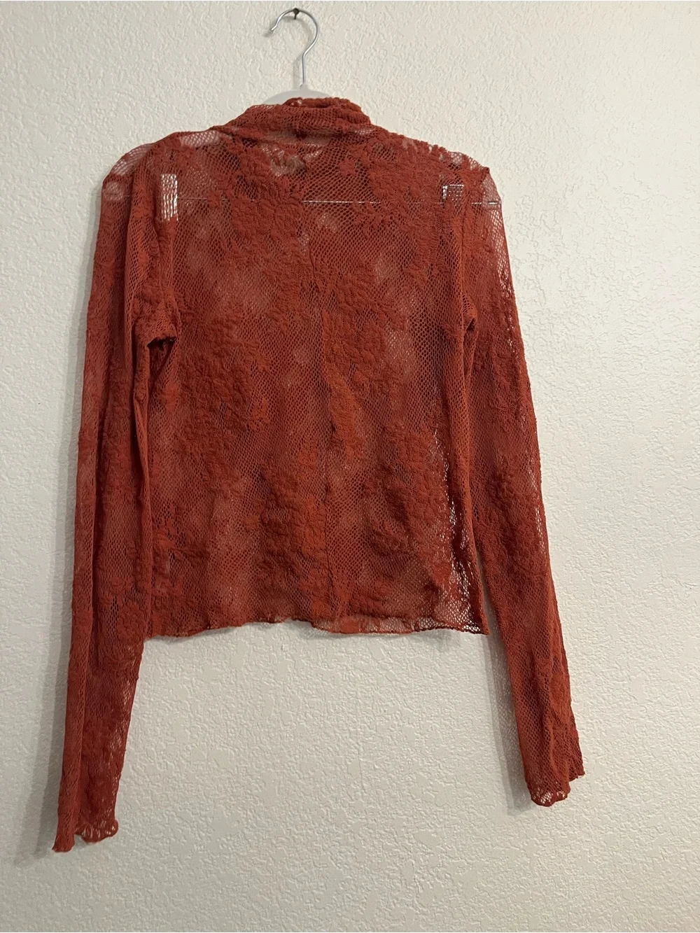 Free People Sheer Lace Mock Neck Long Sleeve layering Top - Rust Orange